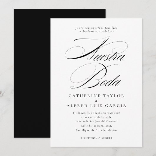 Invitation Nuestra Boda Espagnol Langue Noir Script Mariage (Devant / Derrière)