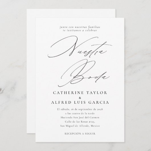 Invitation Nuestra Boda Espagnol Langue Noir Script Mariage (Devant / Derrière)