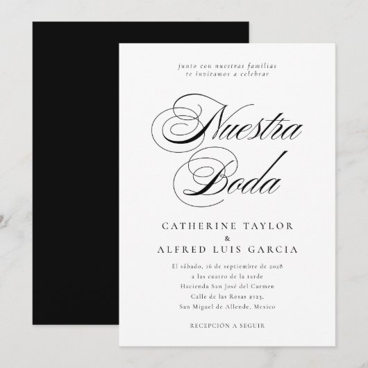 Invitation Nuestra Boda Espagnol Langue Noir Script Mariage (Devant / Derrière)