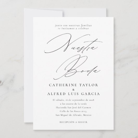 Invitation Nuestra Boda Espagnol Script noir QR Code Mariage (Devant)