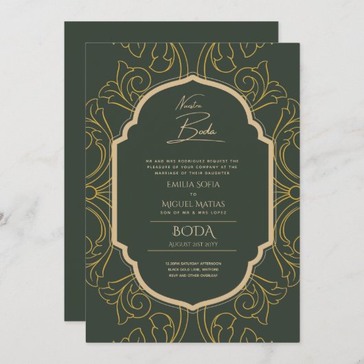 Invitation Nuestra Boda Gold Frame Mariage espagnol INVITE (Devant / Derrière)