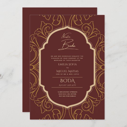 Invitation Nuestra Boda Gold Frame Mariage espagnol INVITE (Devant / Derrière)