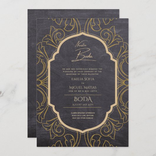 Invitation Nuestra Boda Gold Frame Mariage espagnol INVITE (Devant / Derrière)