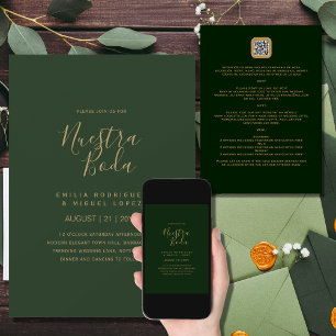 Invitation NUESTRA BODA GREEN GOLD RSVP MENU DETAILS QRCode  