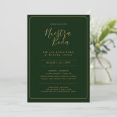Invitation NUESTRA BODA GREEN OR RSVP MENU DÉTAILS QRCode (Debout devant)