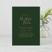 Invitation NUESTRA BODA GREEN OR RSVP MENU DÉTAILS QRCode (Debout devant)