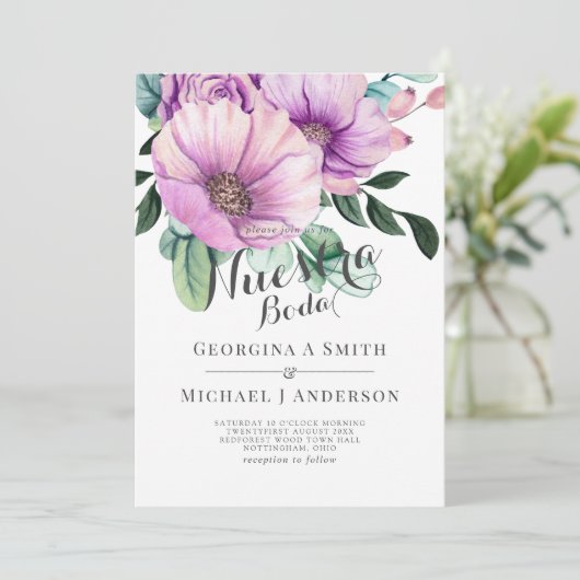 Invitation Nuestra Boda Moderne Espagnol Mariage Fleurs viole (Debout devant)