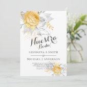 Invitation Nuestra Boda Or Roses Blanches Argent Feuille Mode (Debout devant)