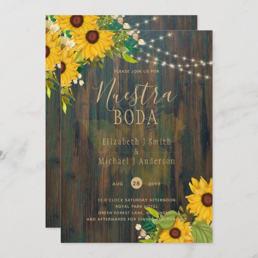 Invitation NUESTRA BODA Tournesols Rustique Mariage en bois I (Devant / Derrière)