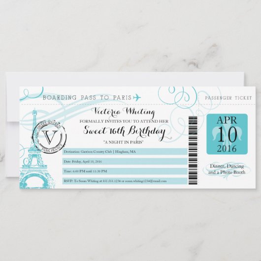 Invitation Nuit à Paris | Aqua Sweet 16 anniversaire (Devant)