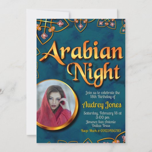 Invitation Nuit arabe avec photo Turquoise (Devant)