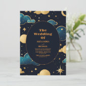 Invitation Nuit Céleste Bleue Étoiles Lune Mariage (Debout devant)