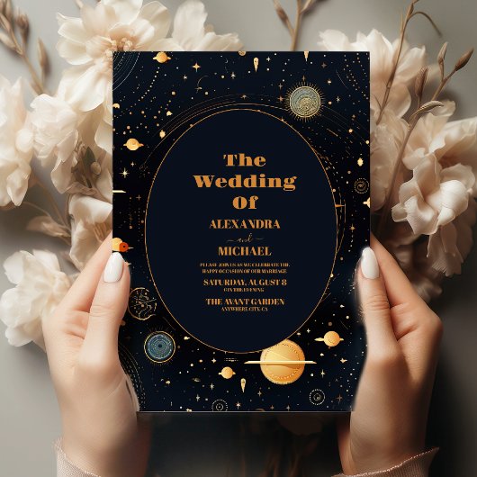 Invitation Nuit Céleste Bleue Étoiles Lune Mariage