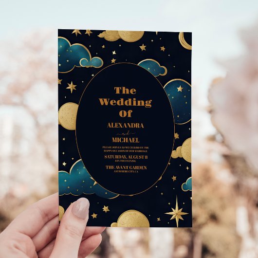 Invitation Nuit Céleste Bleue Étoiles Lune Mariage