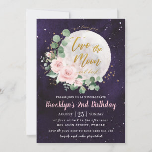 Invitation Nuit Ciel rose Floral Deux la Lune 2e Anniversaire