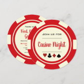 Invitation Nuit de casino jeton de poker blanc crème rouge (Devant / Derrière)