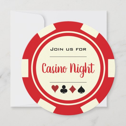Invitation Nuit de casino jeton de poker blanc crème rouge (Devant)