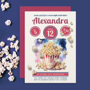 Invitation Nuit de cinéma au popcorn rouge et bleu, soirée py