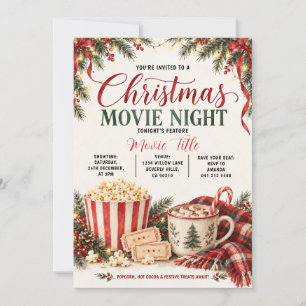 Invitation Nuit de cinéma de Noël cosy Popcorn & Cacao Ruban
