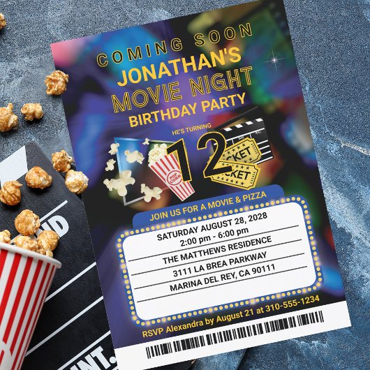 Invitation Nuit de cinéma Nom personnalisé et texte fête d'an