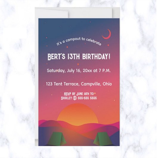 Invitation Nuit de Dusk Editable Camping extérieur Anniversai