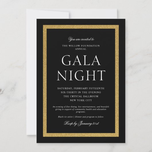 Invitation Nuit de gala élégante noire et dorée (Devant)