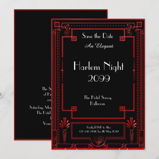 Invitation Nuit de HARLEM, noir, ROUGE, blanc, géométrique, (Devant / Derrière)