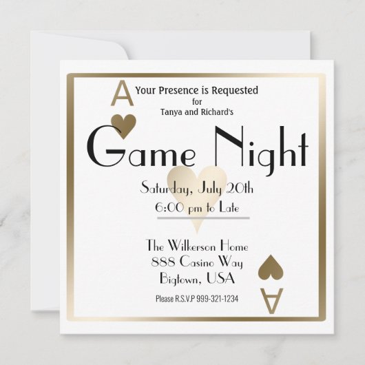 Invitation Nuit de jeu As de cœur en or (Devant)