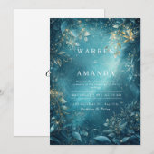 Invitation Nuit de mariage botanique sarcelle céleste doré (Devant / Derrière)