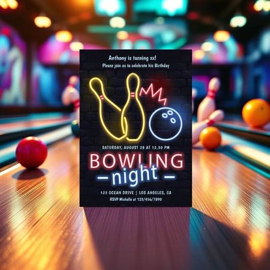 Invitation Nuit de Neon Bowling fête d'anniversaire