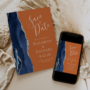 Invitation Nuit de noces bleu marine argent orange brûlé Enre