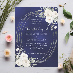 Invitation Nuit de noces fleurs roses bleu marine blanc