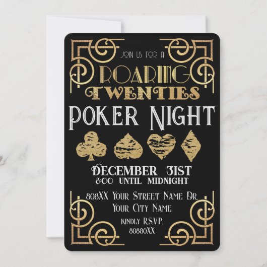 Invitation Nuit de Poker Black & Gold Dice 20s (Devant)