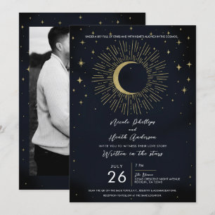 Invitation Nuit des Étoiles d'Or Soleil Éclaté Lune Mariage