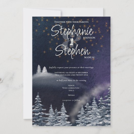 Invitation Nuit d'hiver & Pine Tree Moderne Aquarelle Mariage (Devant)