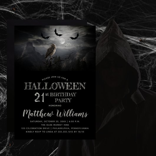 Invitation Nuit Eerie Owl Bats Halloween 21e fête d'anniversa