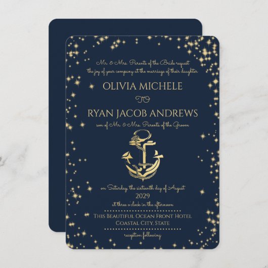 Invitation Nuit étoile Ancre nautique Plage Mariage (Devant / Derrière)