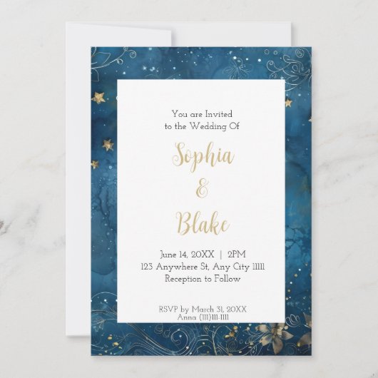 Invitation Nuit étoilée bleue et dorée Mariage céleste (Devant)