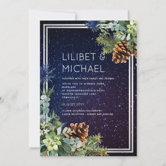 Invitation Nuit étoilée Eucalyptus bleu chardon hiverMariage (Devant)