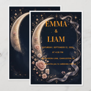 Invitation Nuit Étoilée Fleurie Lune Bohème Mariage
