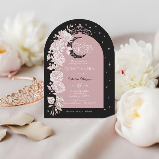 Invitation Nuit étoilée Quinceanera Fleurs Lune Céleste