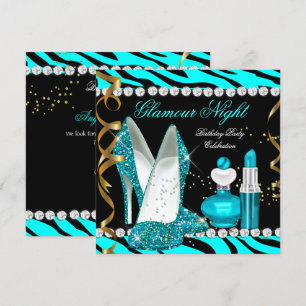Invitation Nuit Glitter Glamour Bleu sarcelle Or Noir Zèbre