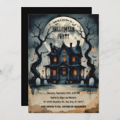 Invitation Nuit Hantée d'Halloween, Pleine lune, Effrayant (Devant / Derrière)