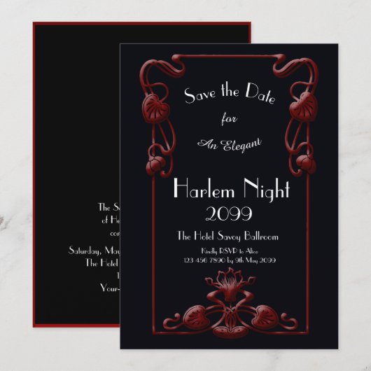 Invitation Nuit HARLEM, Noir, ROUGE, Blanc, Floral, Art Déco (Devant / Derrière)