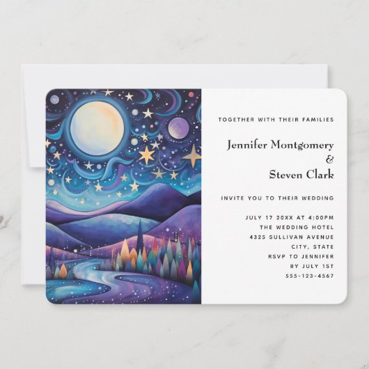 Invitation Nuit lunaire Big Moon Mariage paysage (Devant)