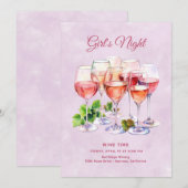 Invitation Nuit rose entre filles avec vin  (Devant / Derrière)