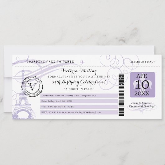 Invitation Nuit Tour Eiffel Lilac à Paris Fête d'anniversaire (Devant)