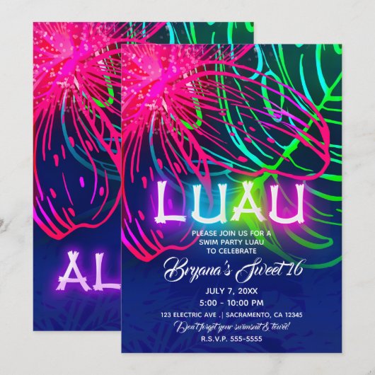 Invitation Nuit tropicale Luau électrique Neon Aloha Party (Devant / Derrière)