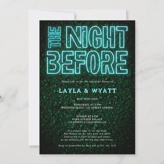 Invitation Nuit verte turquoise Neon avant le dîner de répéti (Devant)