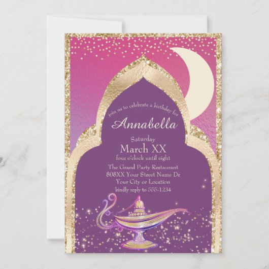 Invitation Nuits Arabes Or et Rose Conte de Fée Aladdin (Devant)